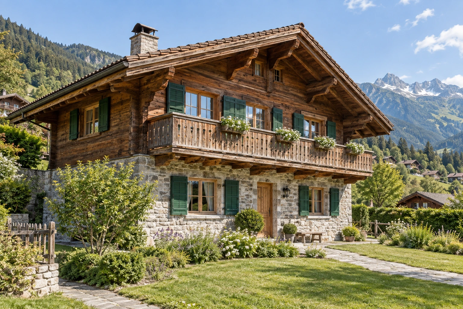 Chalet aus Holz und Naturstein mit Garten und alpinem Hintergrund