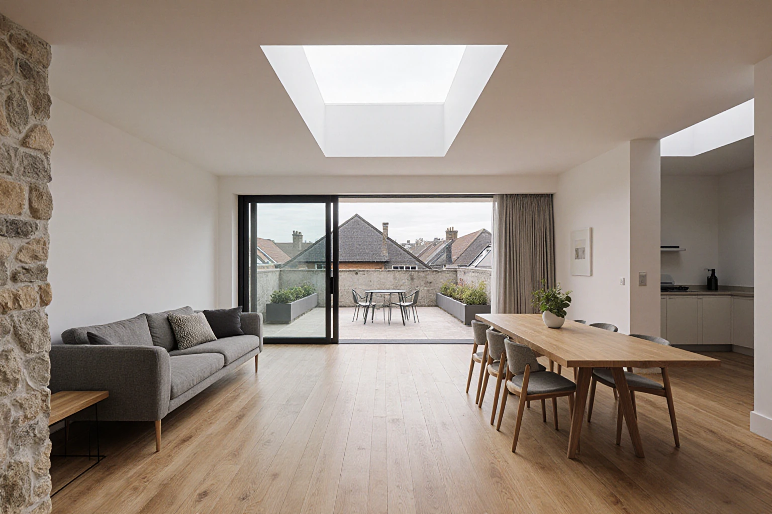 Heller Wohn- und Essraum mit Oberlicht und Zugang zur Dachterrasse