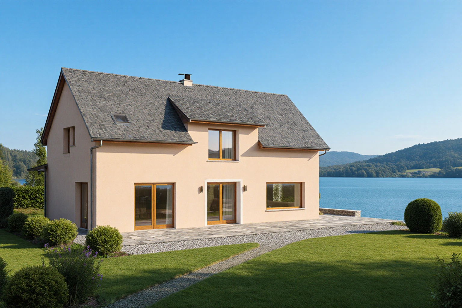 Helles Wohnhaus mit Garten, Terrasse und Blick auf einen See